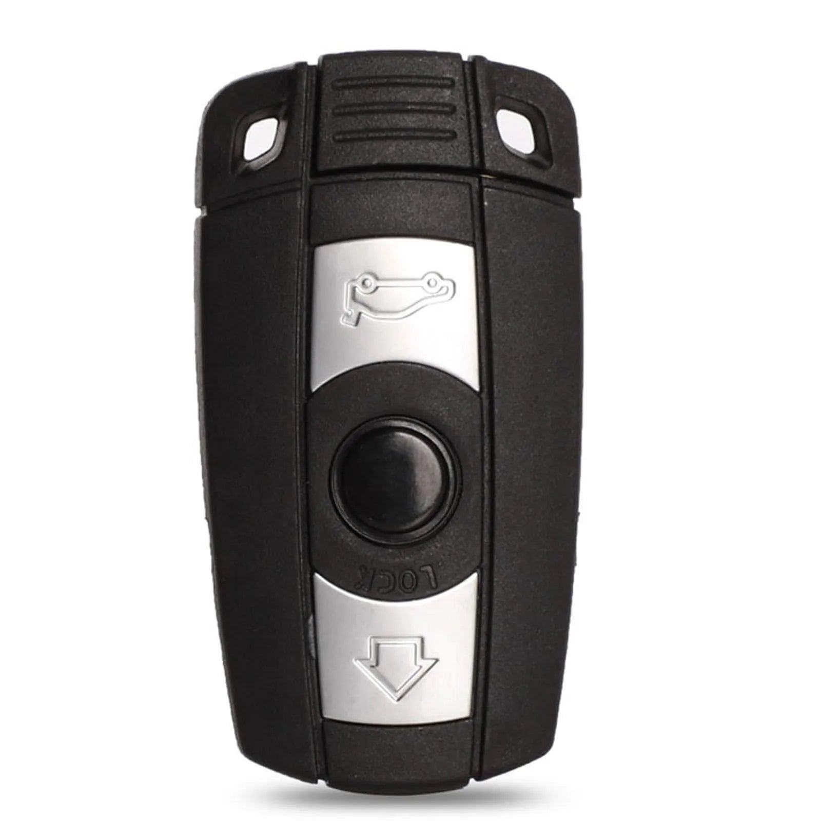 Set of three black BMW CAS3 semi-intelligent remote control car keys on a white background.