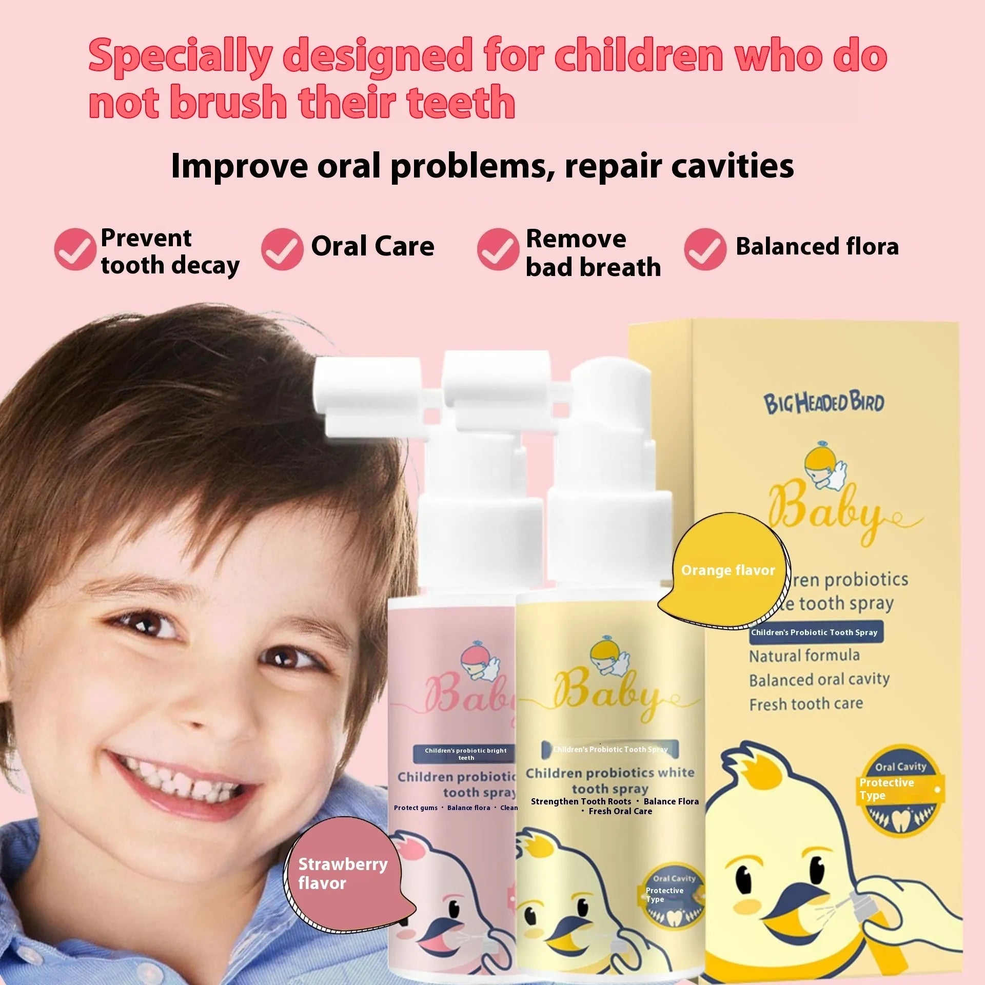 Children's probiotic oral spray bottle for teeth cleaning in strawberry and orange flavours