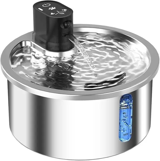Stainless steel heated pet water fountain for cats and dogs in black or white