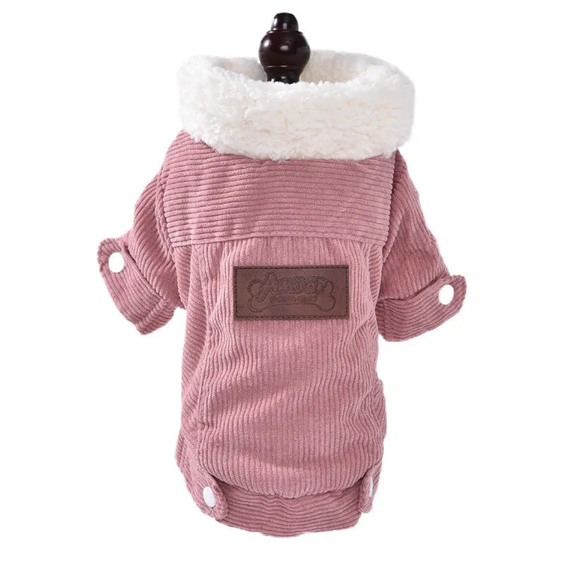 Grey lambswool fleece-lined dog vest for winter warmth, shown with size label.