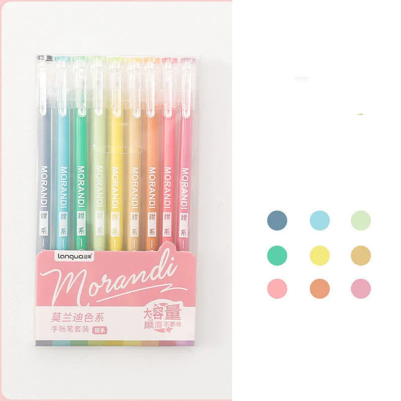 Set of nine colourful retro gel pens with 0.5mm needle tips in a plastic storage case