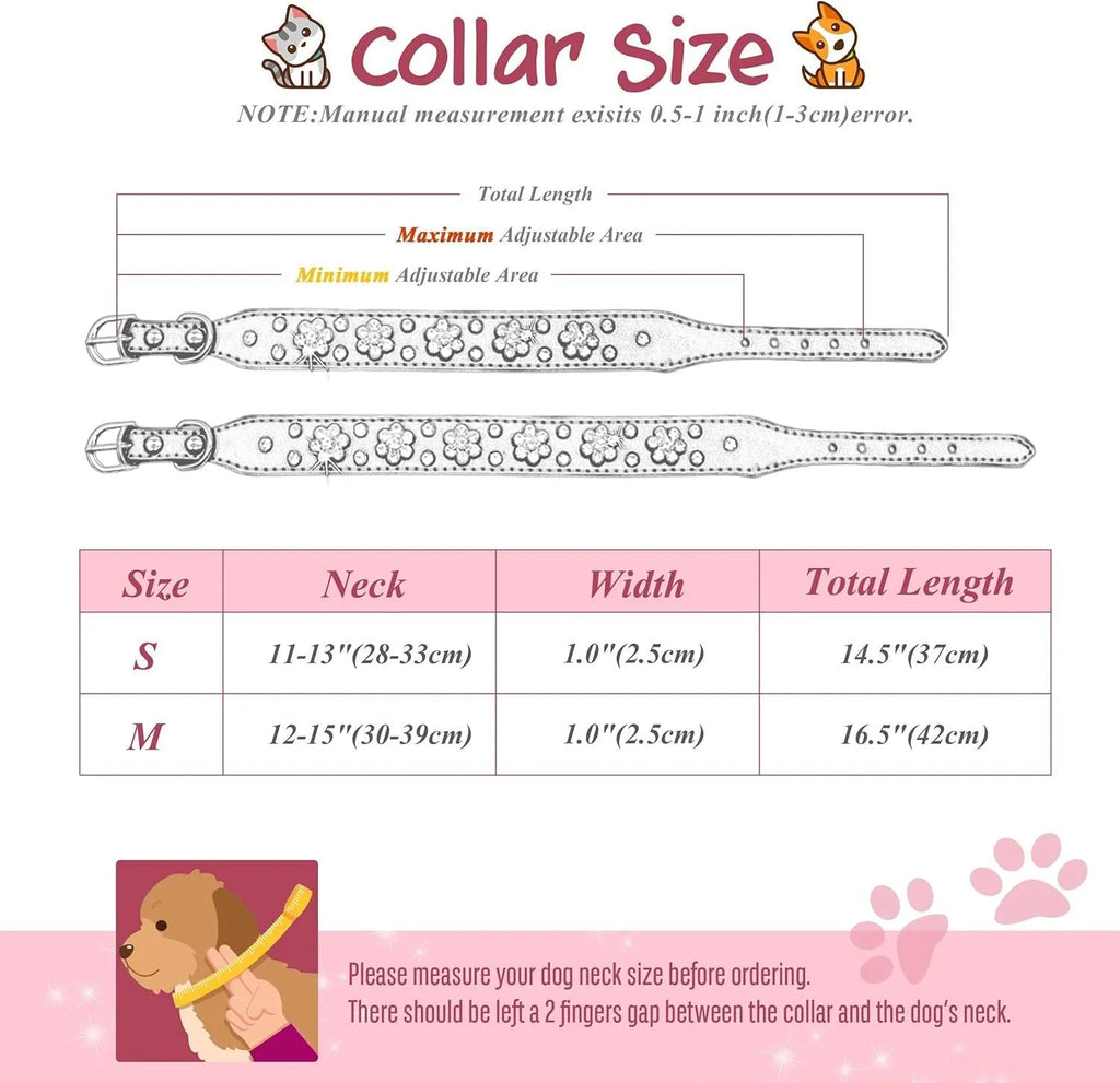Soft black PU leather dog collar with a sparkling rhinestone flower pattern and metal studs