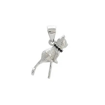 Close-up of a sterling silver cat pendant on a delicate clavicle chain necklace.