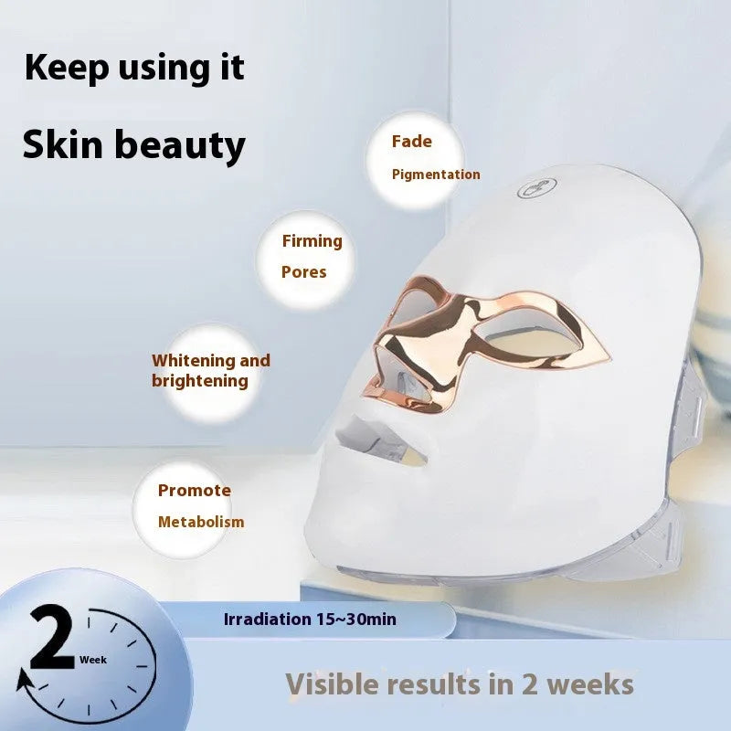 White rechargeable LED beauty mask with manual touch controls for facial skin treatment
