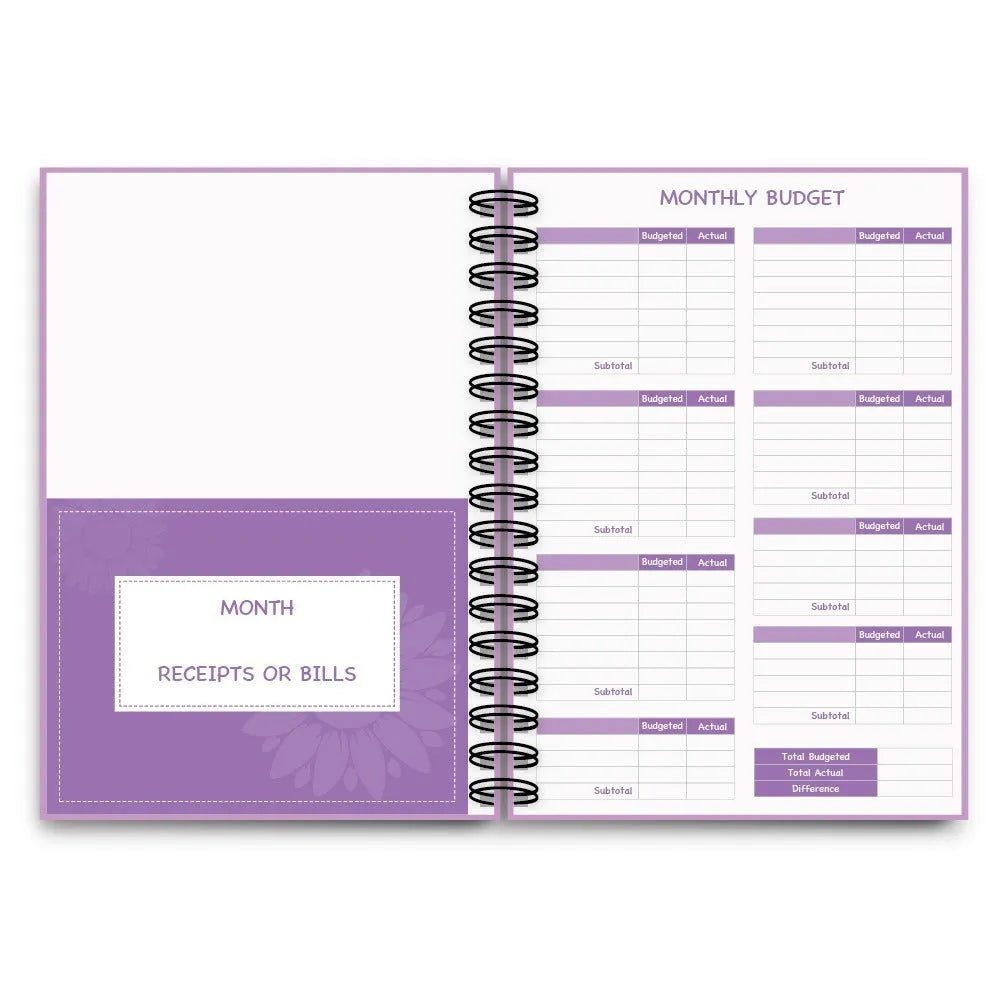 J12 purple coil-bound budget notebook with stickers and paper clips for financial planning
