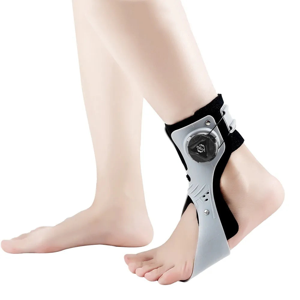 Adjustable airbag button ankle support brace shown in grey colour on left foot