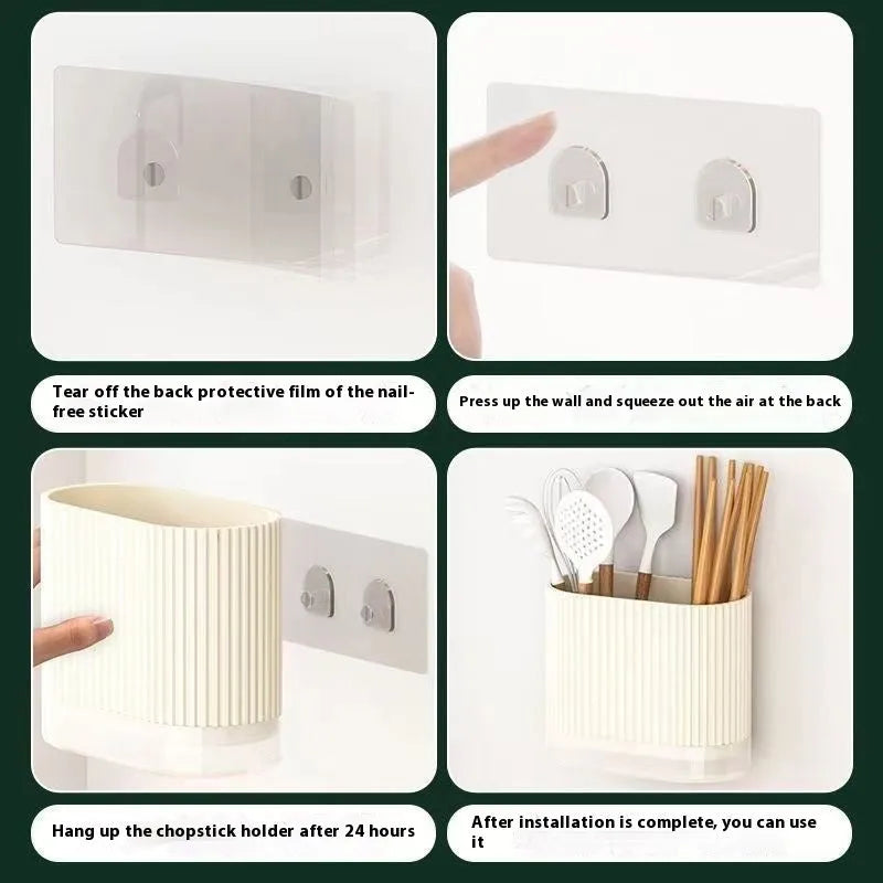 Beige plastic wall hanging chopstick holder basket for kitchen utensil storage and drying