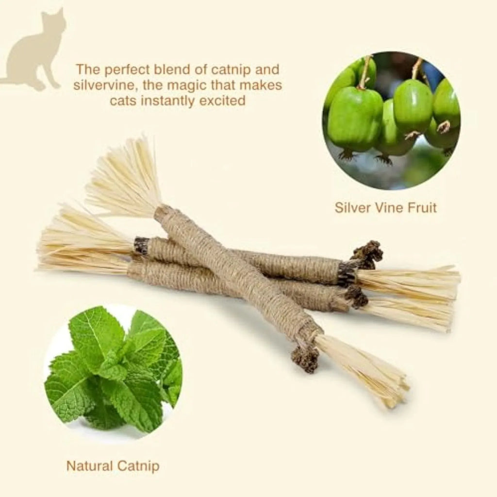 3 pack natural silvervine cat chew sticks with sisal rope for dental care