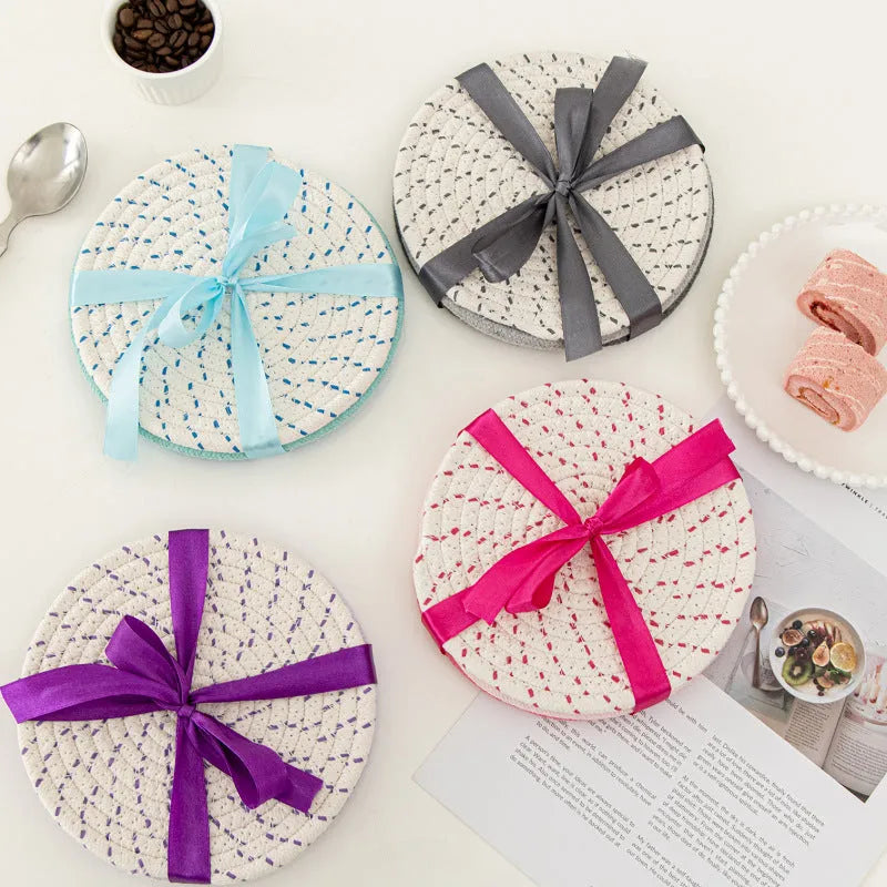 Round cotton cord coaster three-piece set, 18cm diameter, modern simplicity style, available in four colours