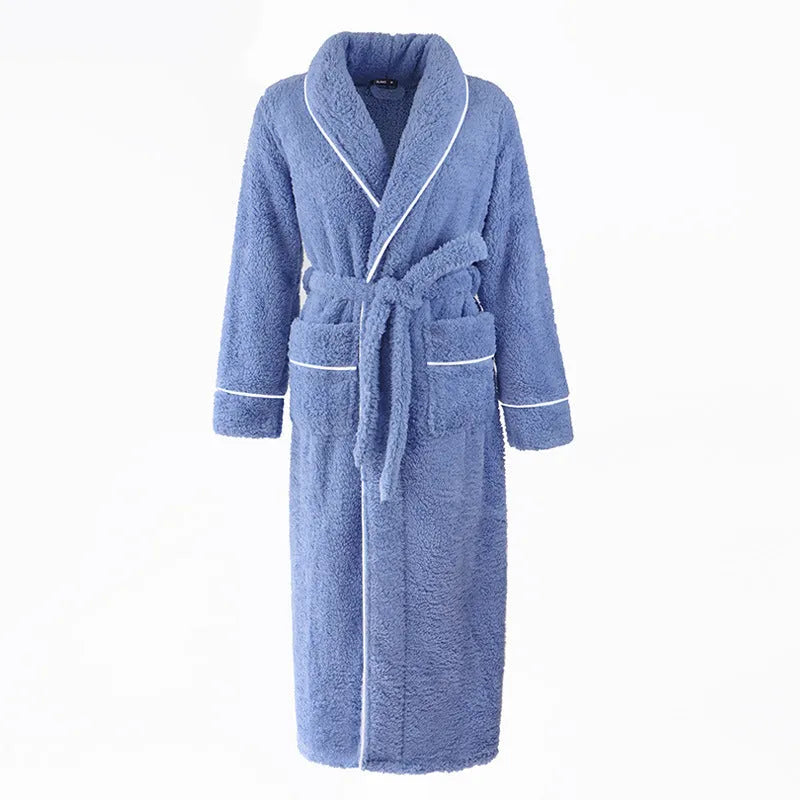 Thick flannel couple's bathrobe set in winter colours like Angola red and navy blue, shown in M size.