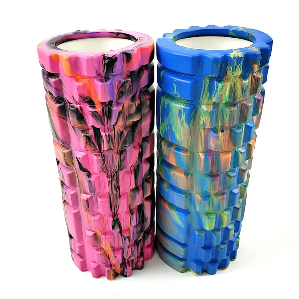 33cm long camouflage pattern EVA foam roller with 14cm diameter on a plain background.