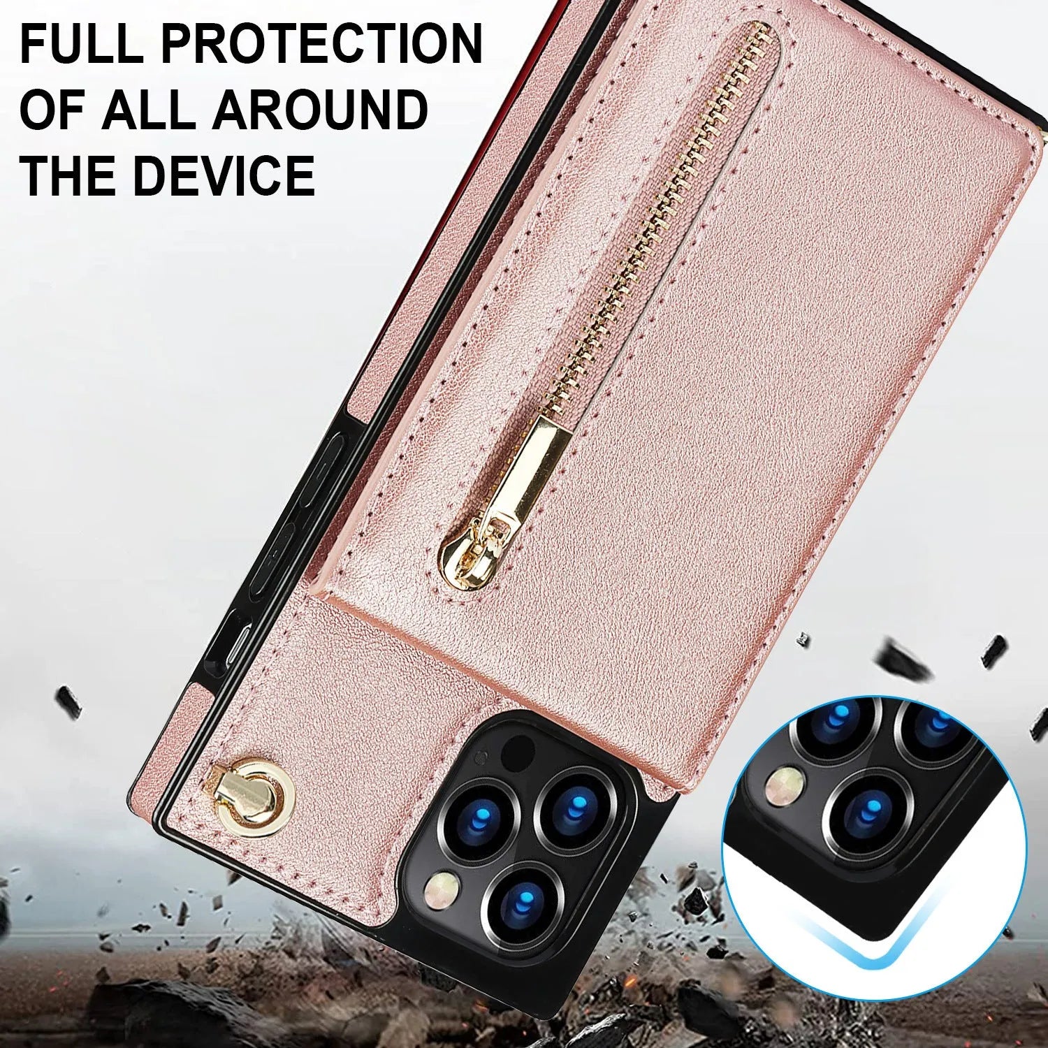 TPU and leather mobile phone case in solid colours: black, green, purple, red, and rose gold.