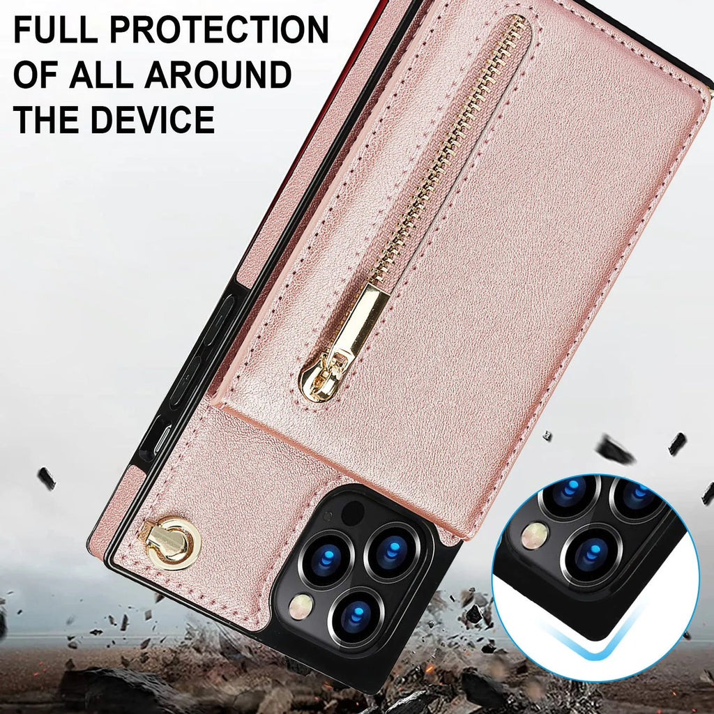 Black leather and TPU mobile phone case shown fitted on a smartphone.