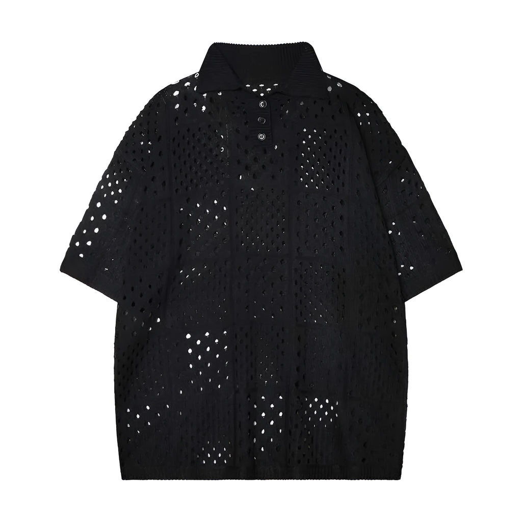 Men's solid colour short-sleeved polo shirt with a hollow knit texture, shown in black and white.