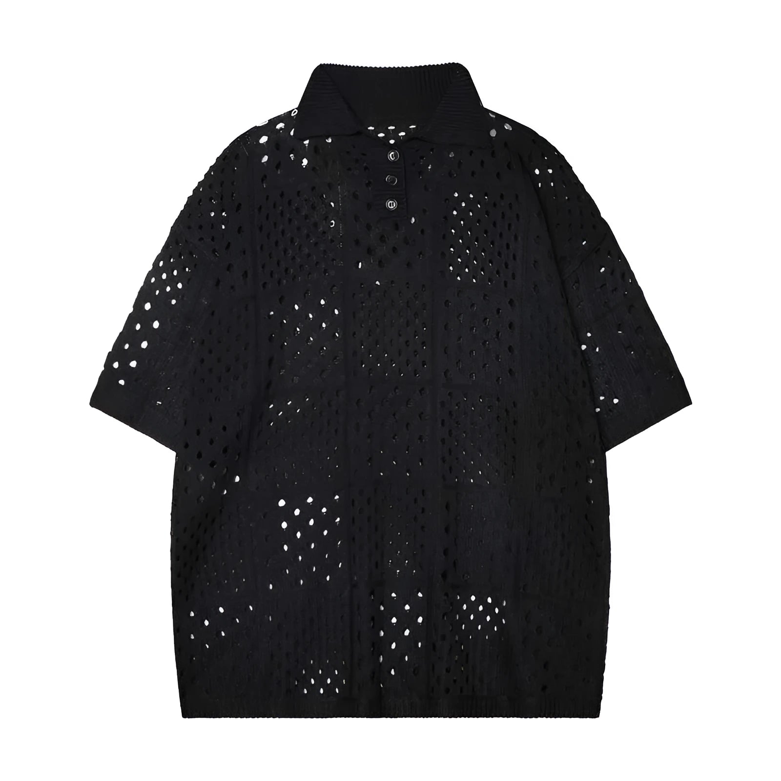 Men's solid colour short-sleeved polo shirt with a hollow knit texture, shown in black and white.