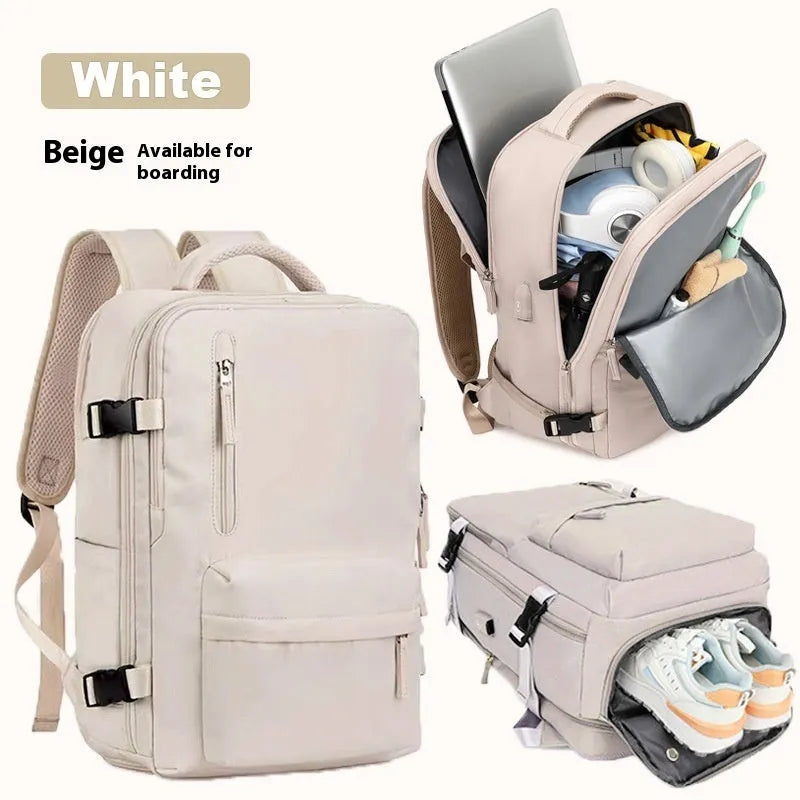 Front view of large capacity waterproof Oxford cloth backpack in solid colour with curved shoulder strap