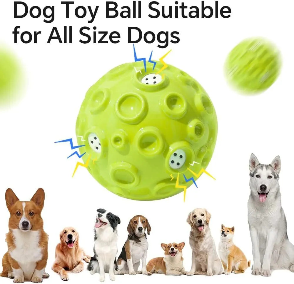 Colourful rubber dog chew ball with textured surface and squeaky sound mechanism