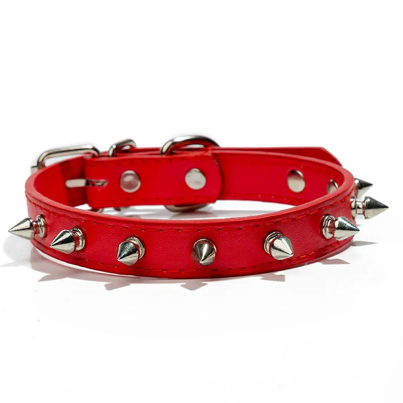 Studded dog collar made of black PU leather with metal spikes and an alloy fastener.