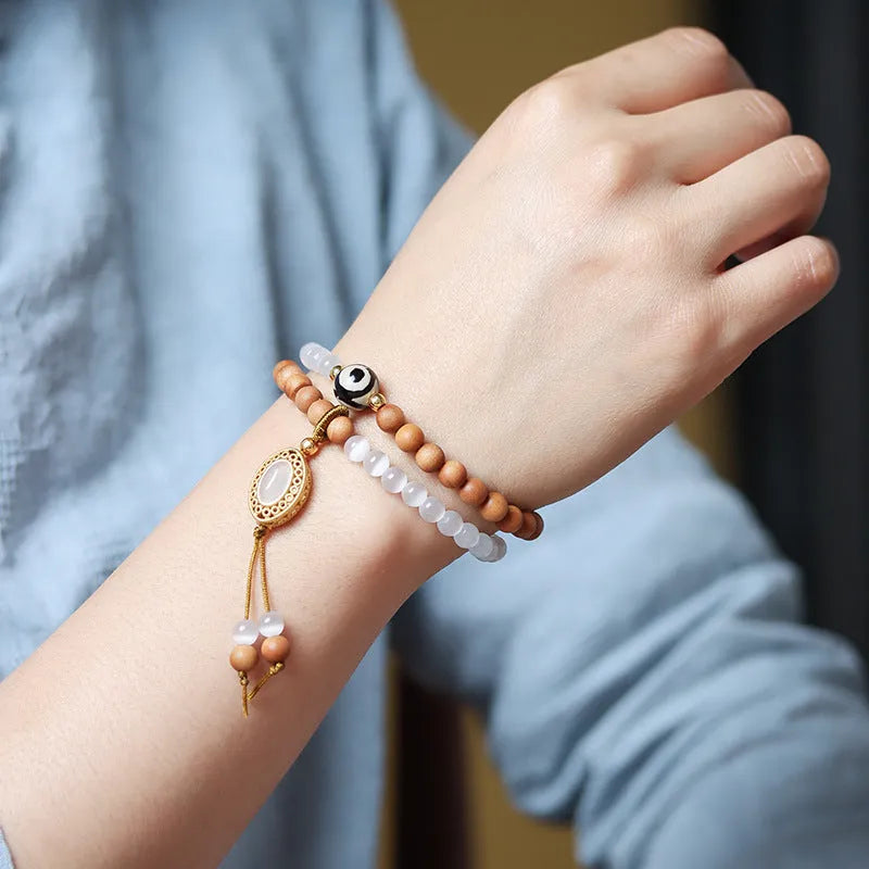 Polished sandalwood opal double ring bracelet unisex retro style with Tibetan beads