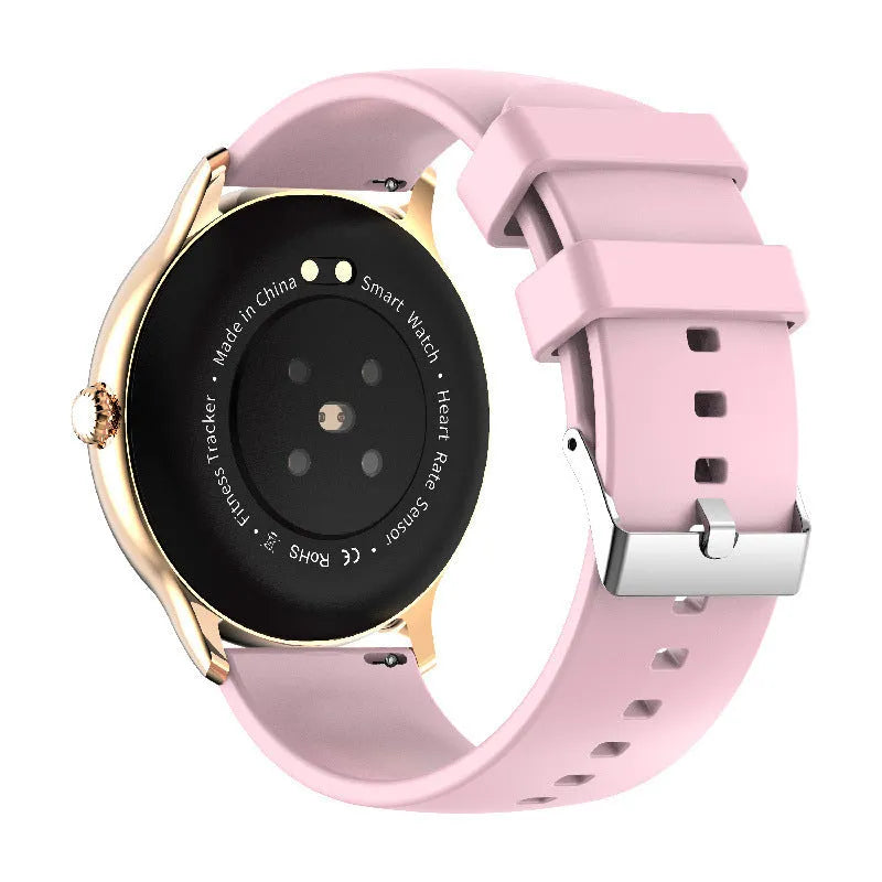 Black smartwatch with blood pressure monitoring on a silicone wristband, showing 1.28-inch touchscreen