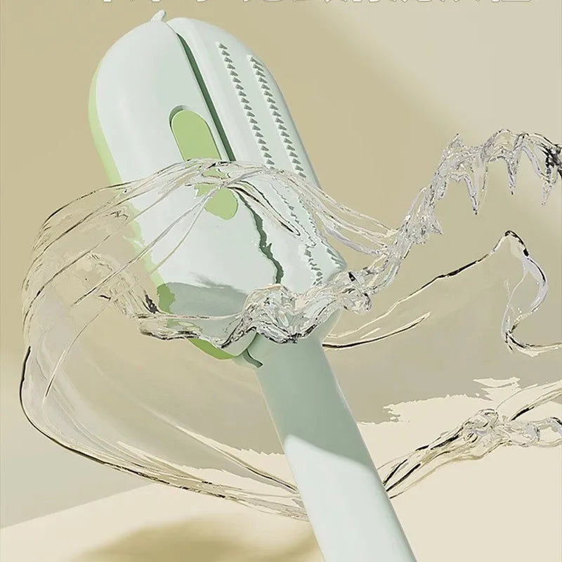 Blue pet grooming comb with integrated water tank and cleaning brush on a white background.