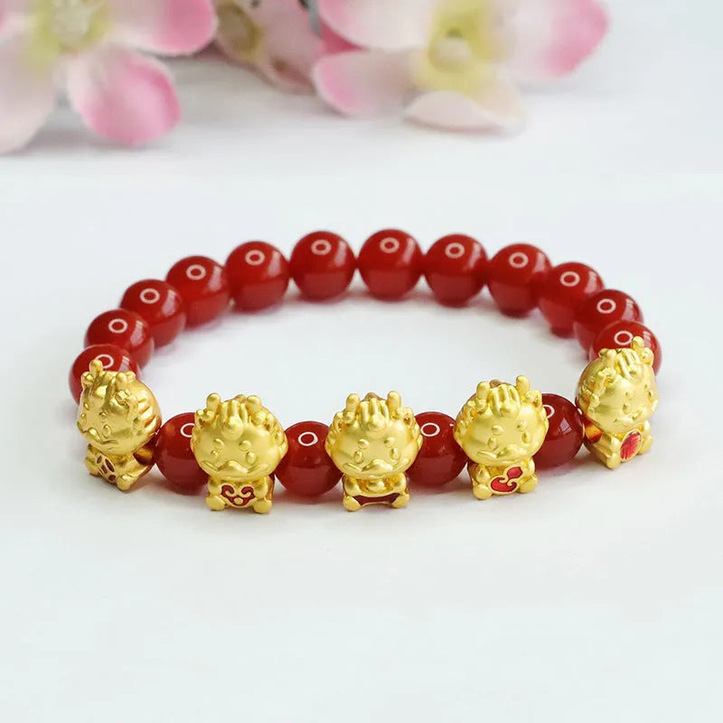 Natural red agate five blessing dragon bracelet 8mm Chinese style beaded wrist jewellery
