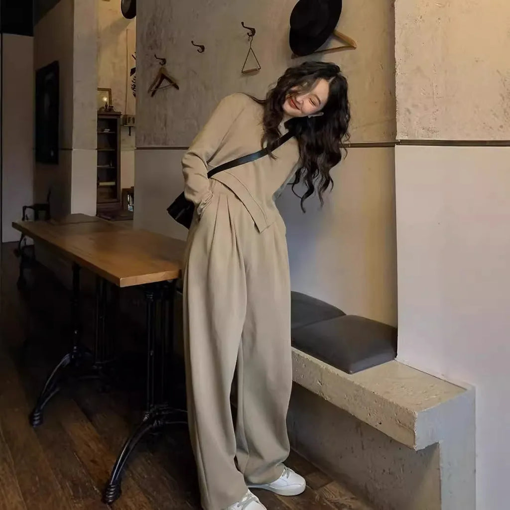 Women's brown casual sports suit with loose fit and Japanese Korean styling