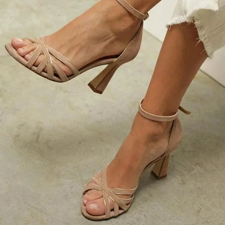 Apricot suede women's sandals with bag heel and peep toe on display