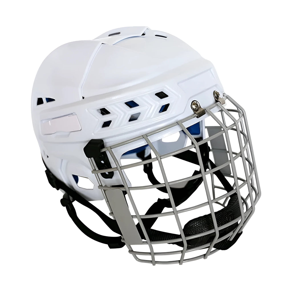 Ice hockey helmet with a carbon steel face cage, shown in sizes S, M, L, XL for head protection.