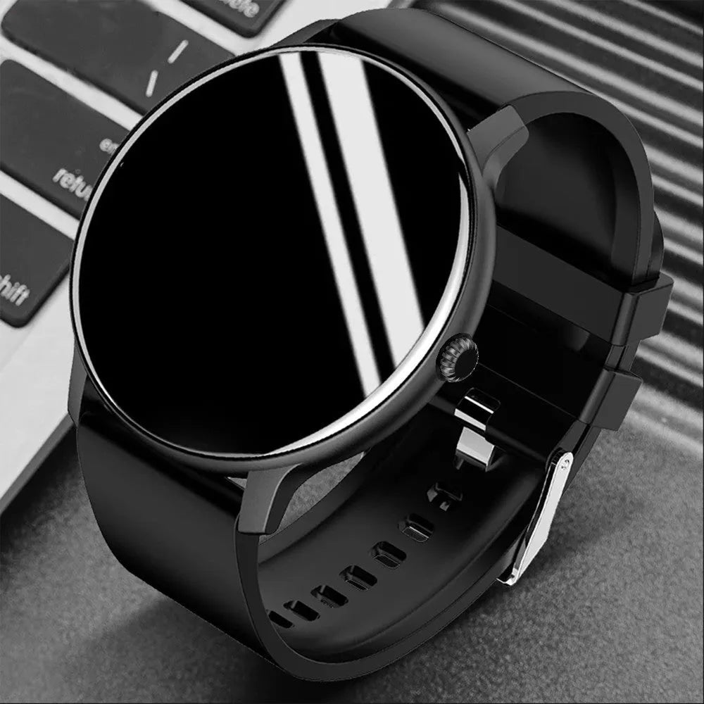 Black smartwatch with blood pressure monitoring on a silicone wristband, showing 1.28-inch touchscreen