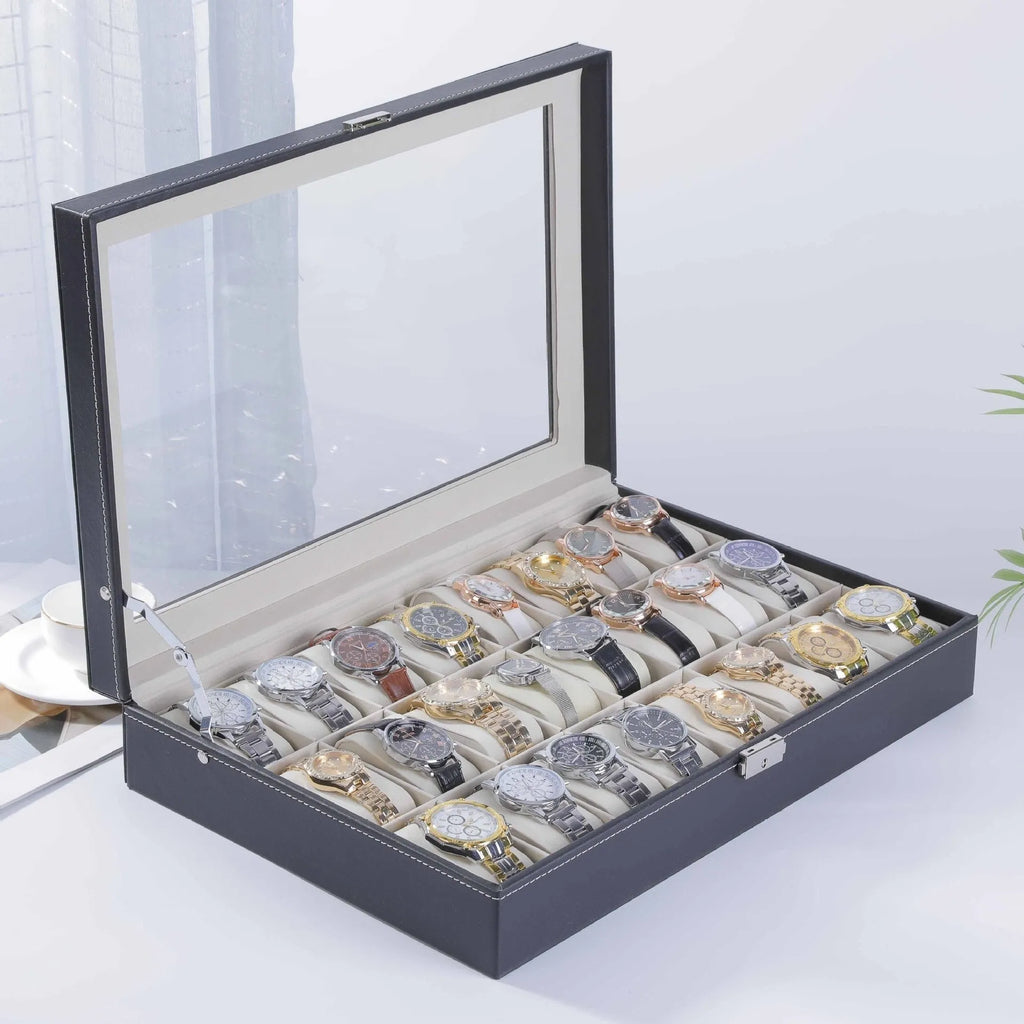 High-grade leather watch storage box in grey with dustproof see-through lid, 30x20x8cm