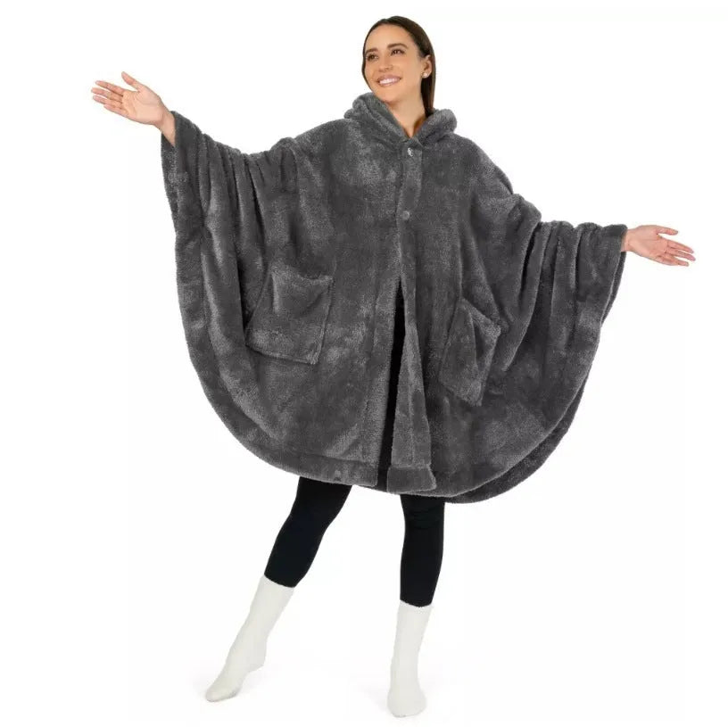 A super thick hooded bathrobe for adults in a free size, shown in black, dark grey, or pink.