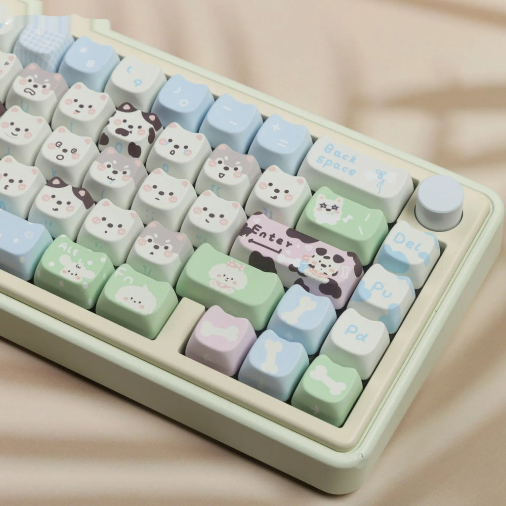 Full set of PBT key caps with cat and puppy sublimation artwork for mechanical keyboards