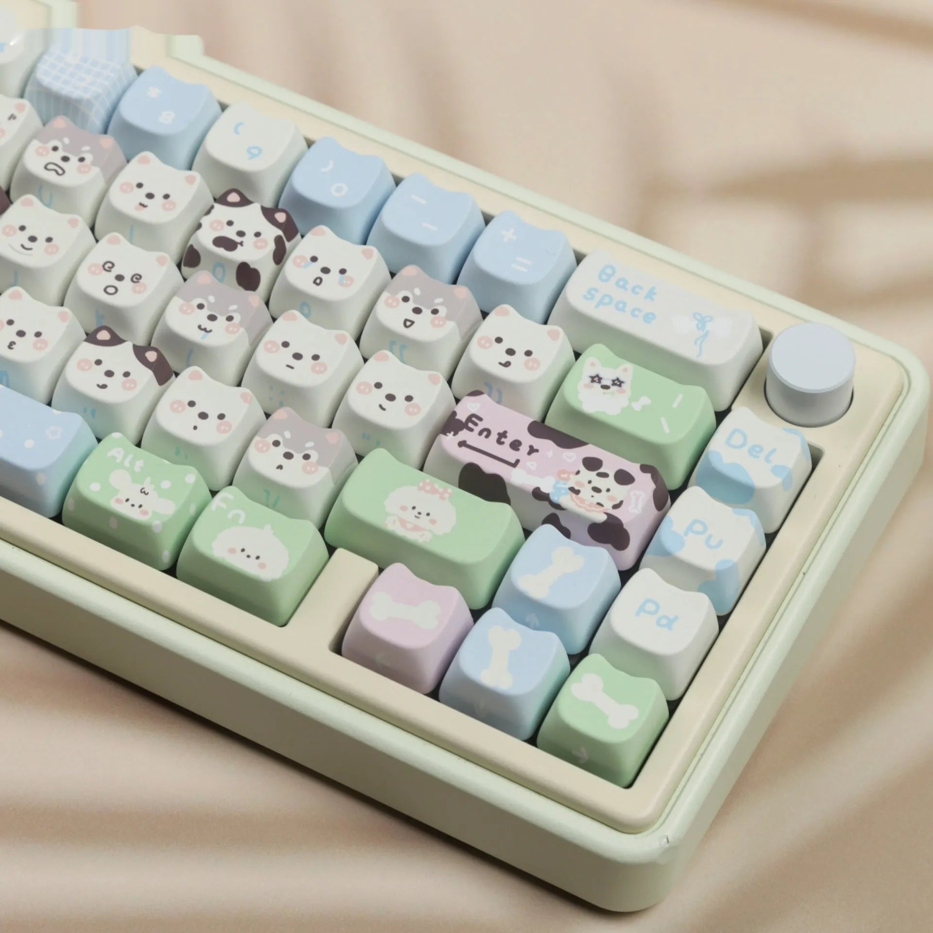 Full set of PBT key caps with cat and puppy sublimation artwork for mechanical keyboards