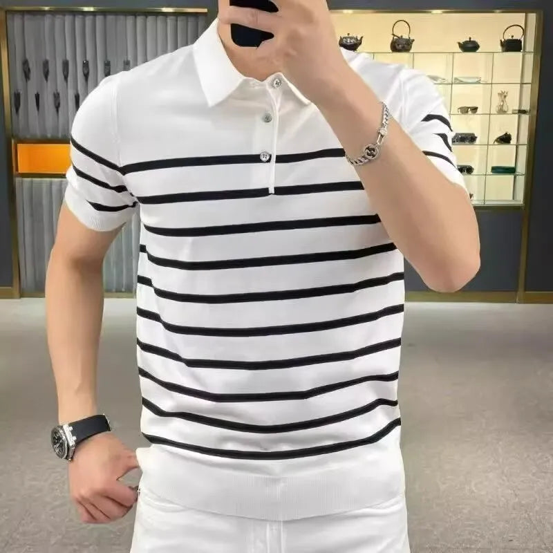 Striped lapel knitted t-shirt in black and white colour options showing pullover design