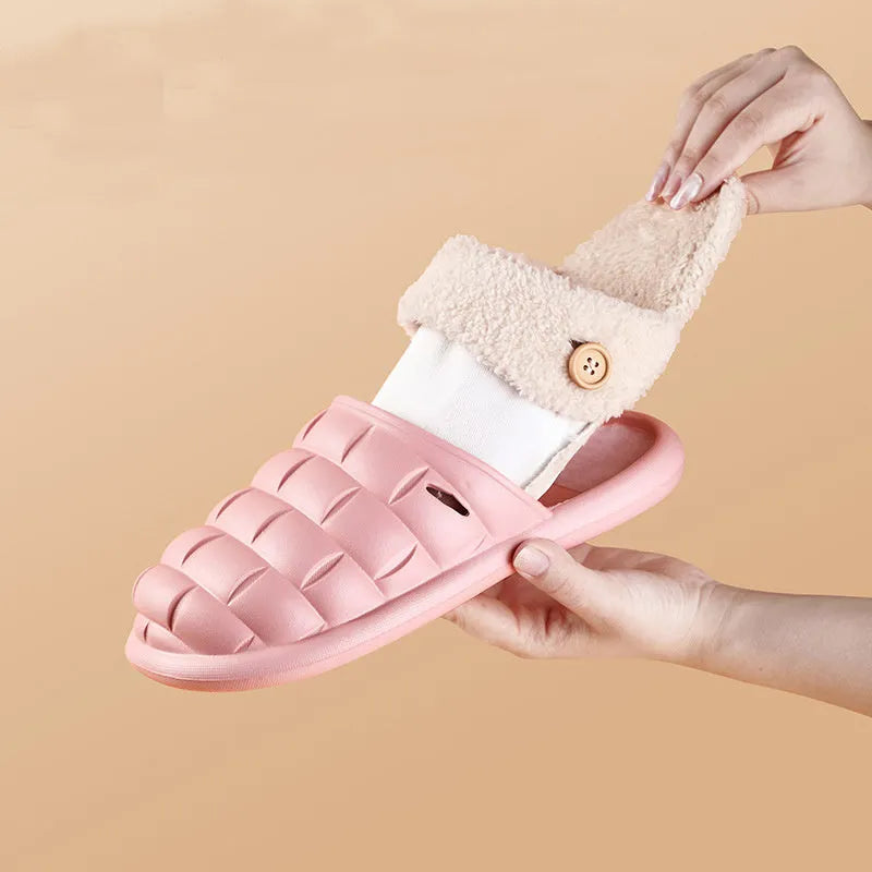 Plaid detachable EVA slippers for women with plush lining and a non-slip sole, shown in pink colour.