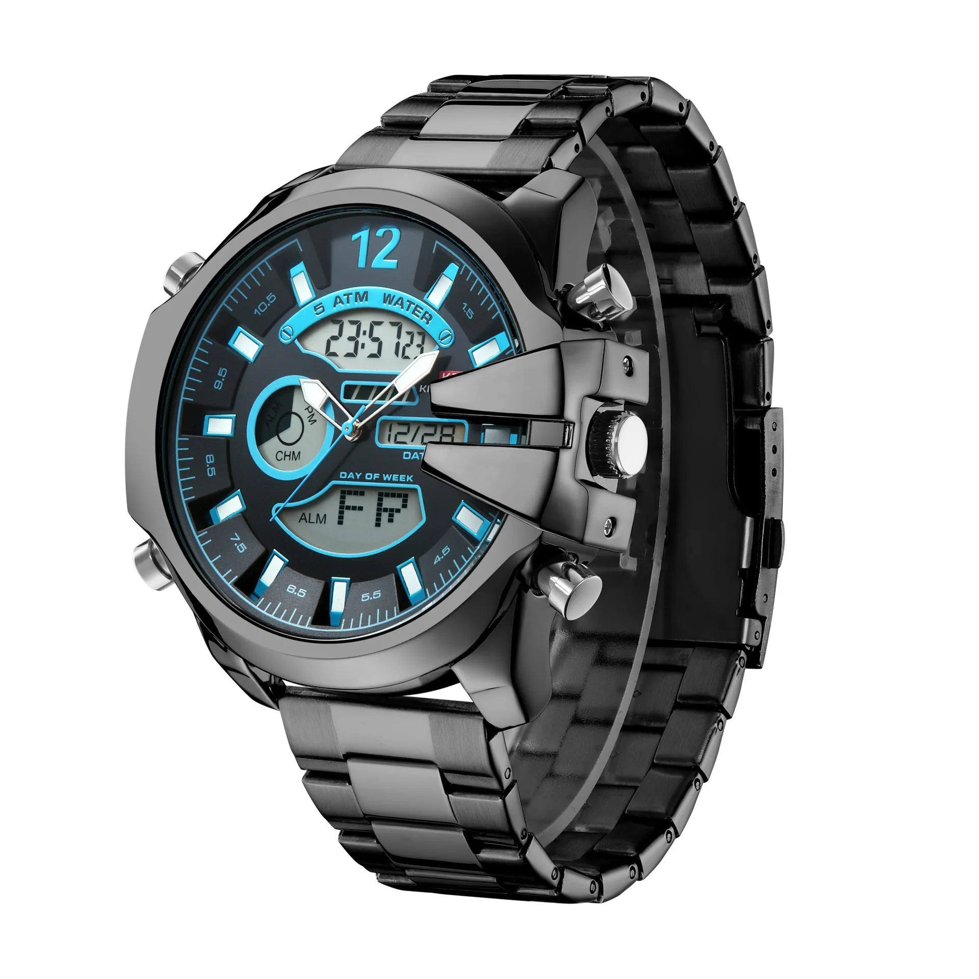 Men's double display LED alarm watch with stainless steel strap and 55mm round alloy case