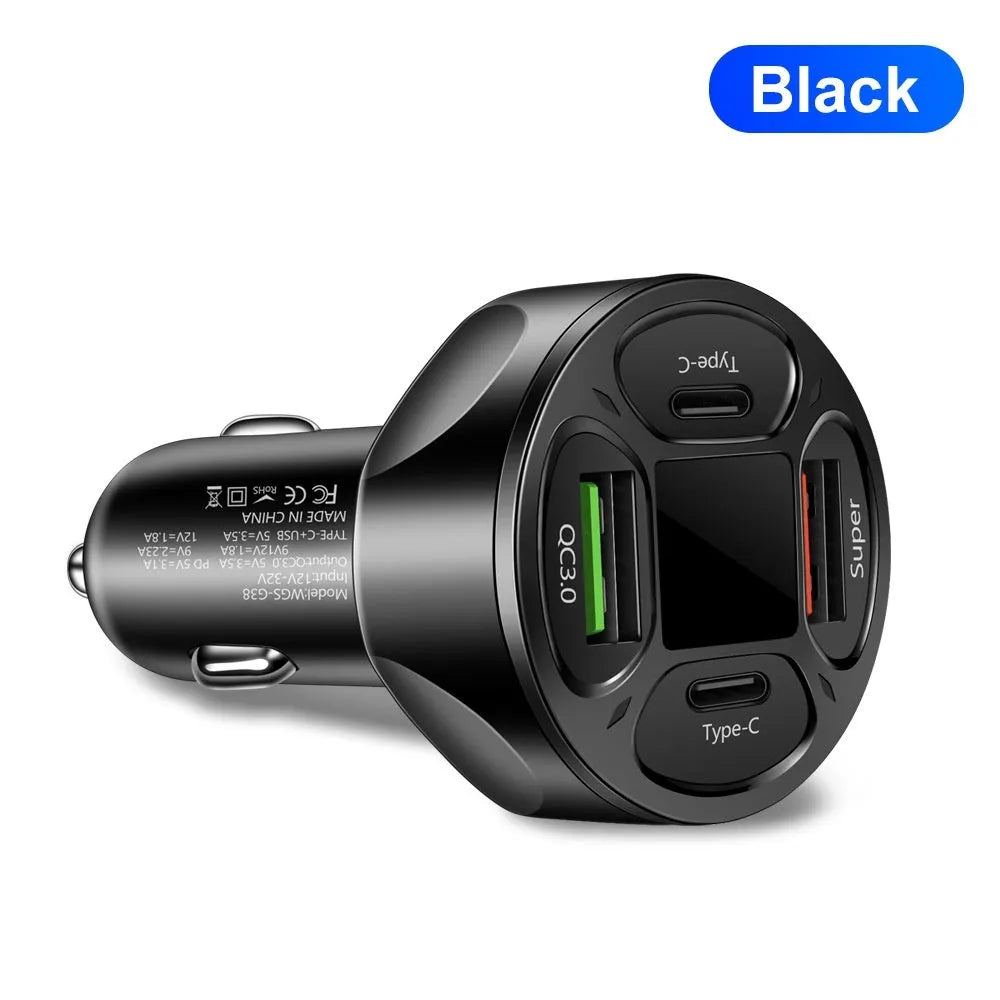 66W 2USB 2 Type-C digital display car charger in black with compact design and voltage readout
