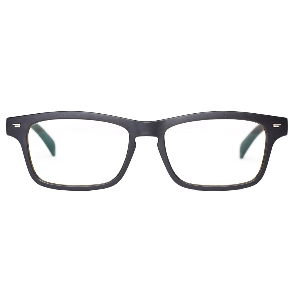Smart glasses with tinted lenses and open-ear Bluetooth speakers on the temples.