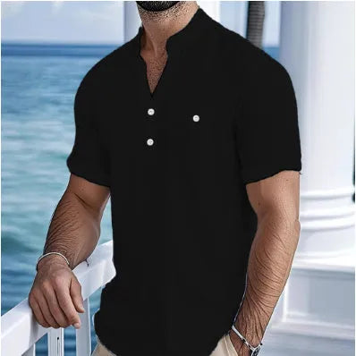 Men's loose fit stand collar linen short sleeve t-shirt in light blue colour.