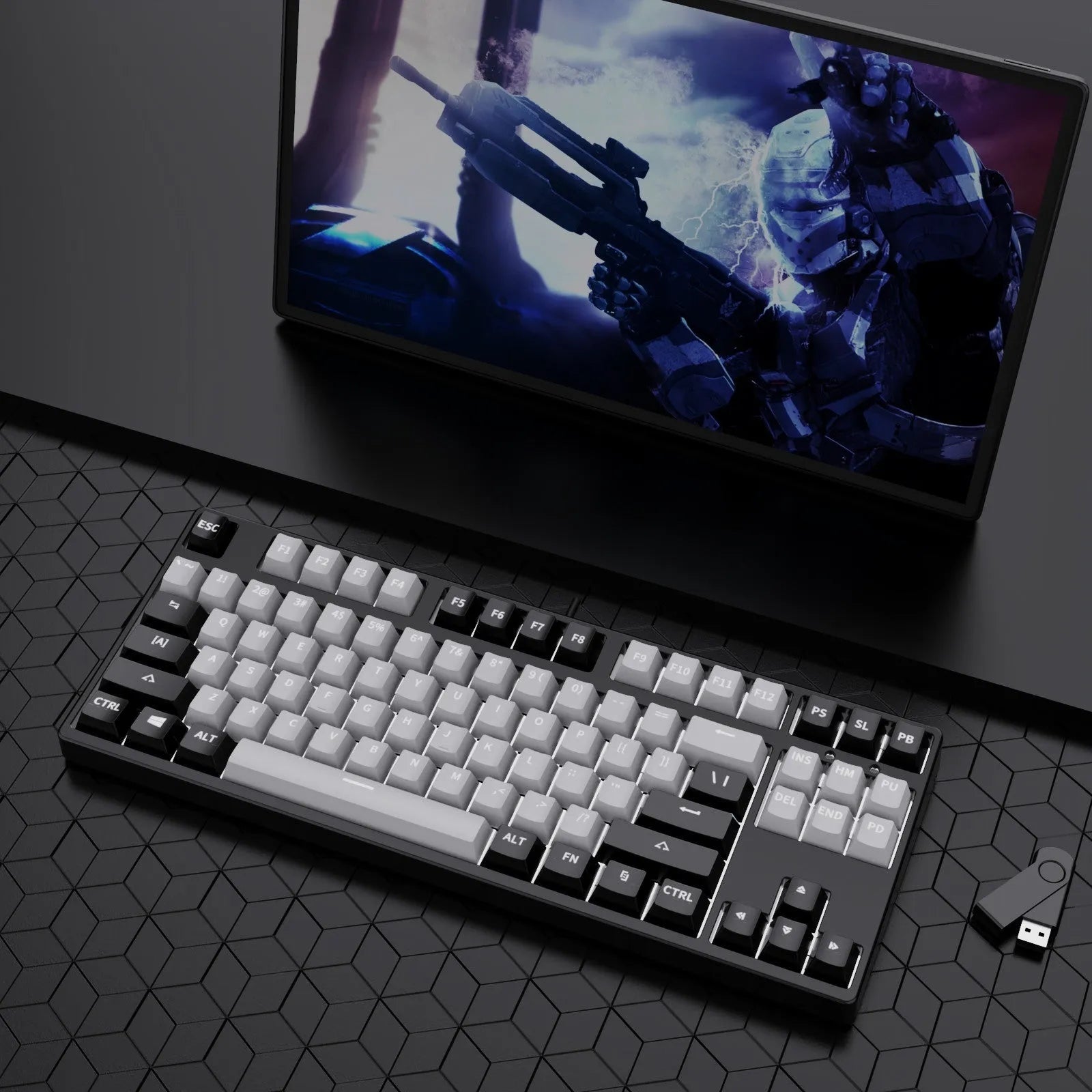 87-key wired mechanical gaming keyboard with colourful keycaps on a metal frame, shown with key puller and cable.