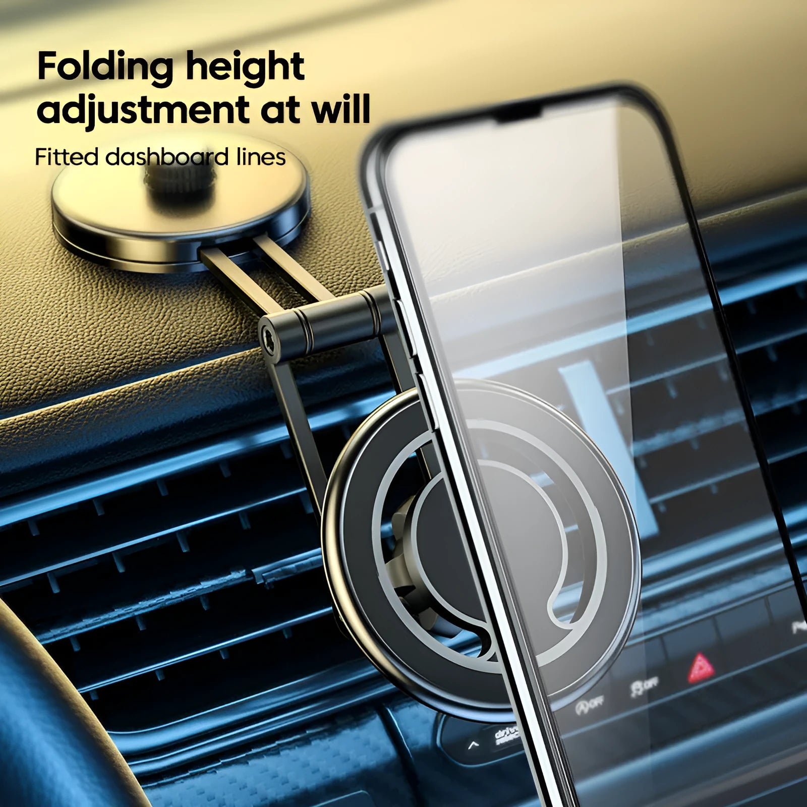 Telescopic magnetic car phone holder mounted on dashboard with floating screen design