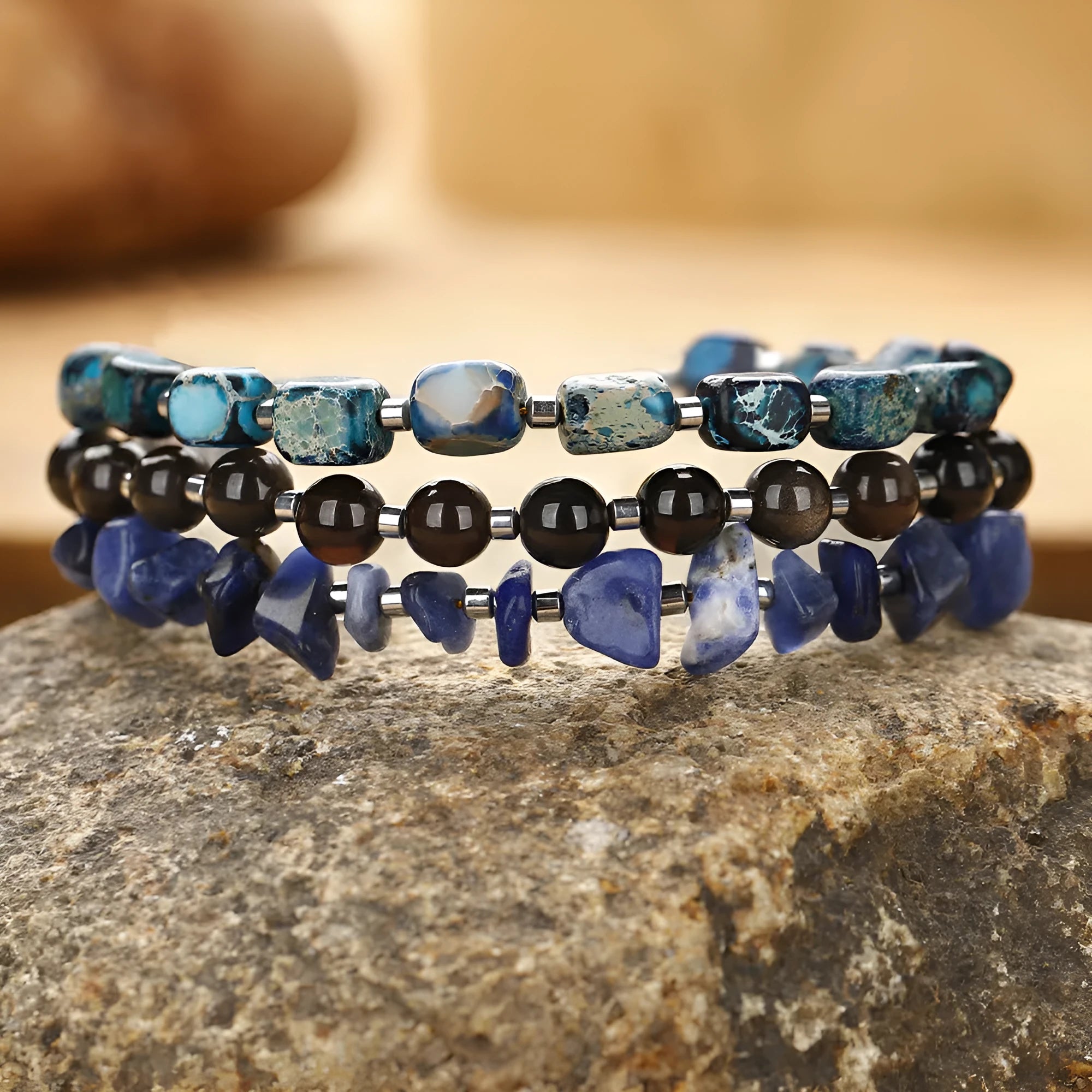 Female retro multi-layer hand woven crushed stone bracelet in blue with Fang Hui stone and gold Obsidian beads