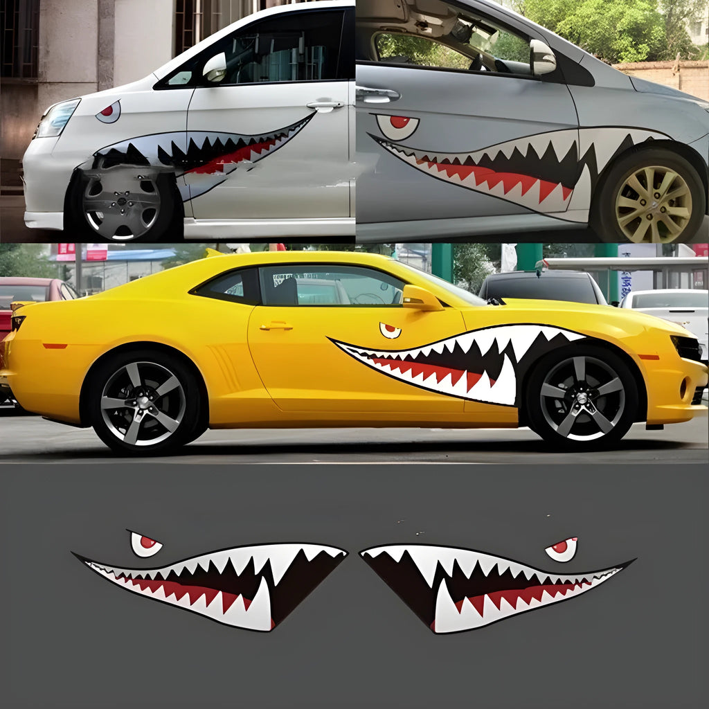 Shark series PVC car body stickers showing Model A and Model B designs on vehicle doors