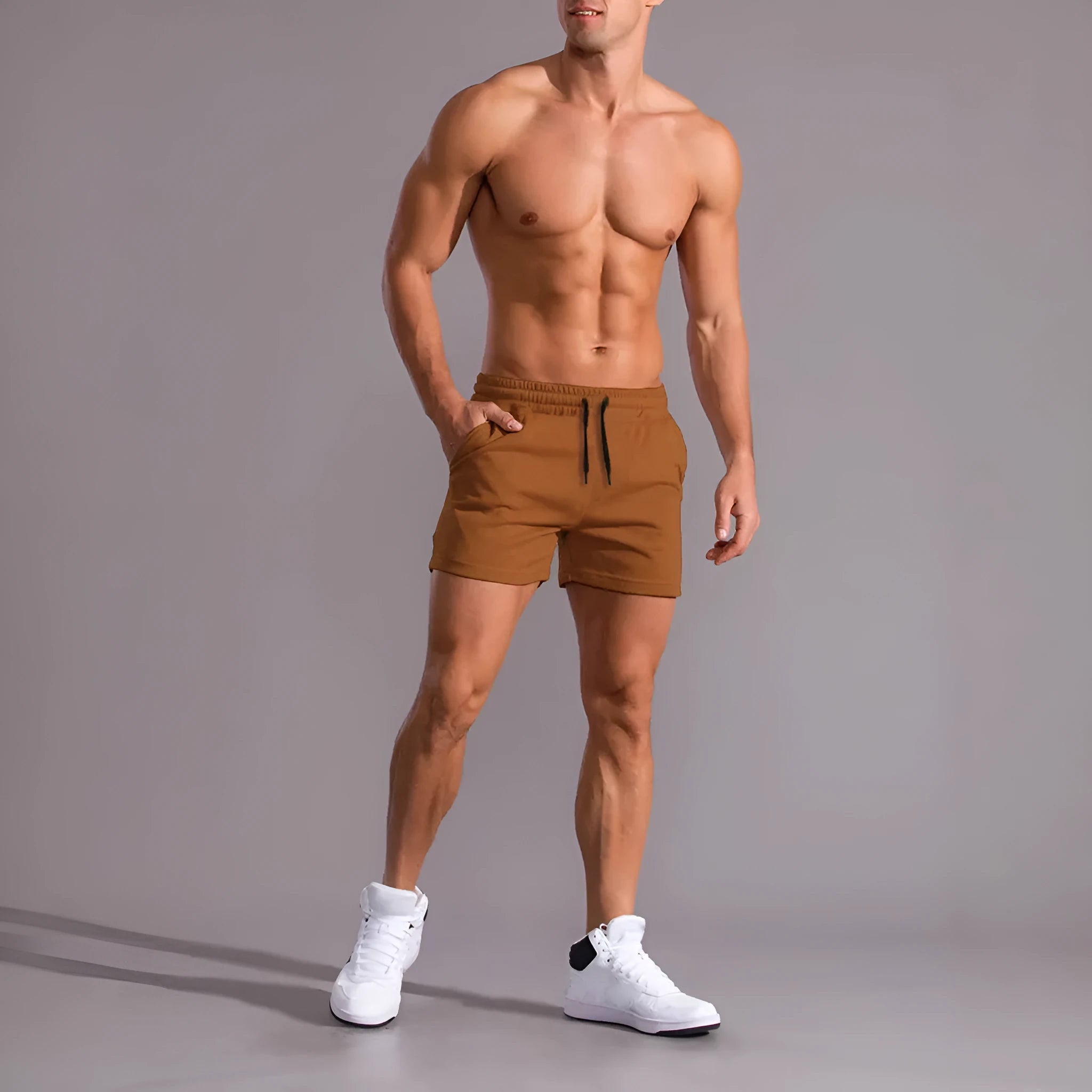 Men's three-piece drawstring shorts set in black, khaki and light brown colours