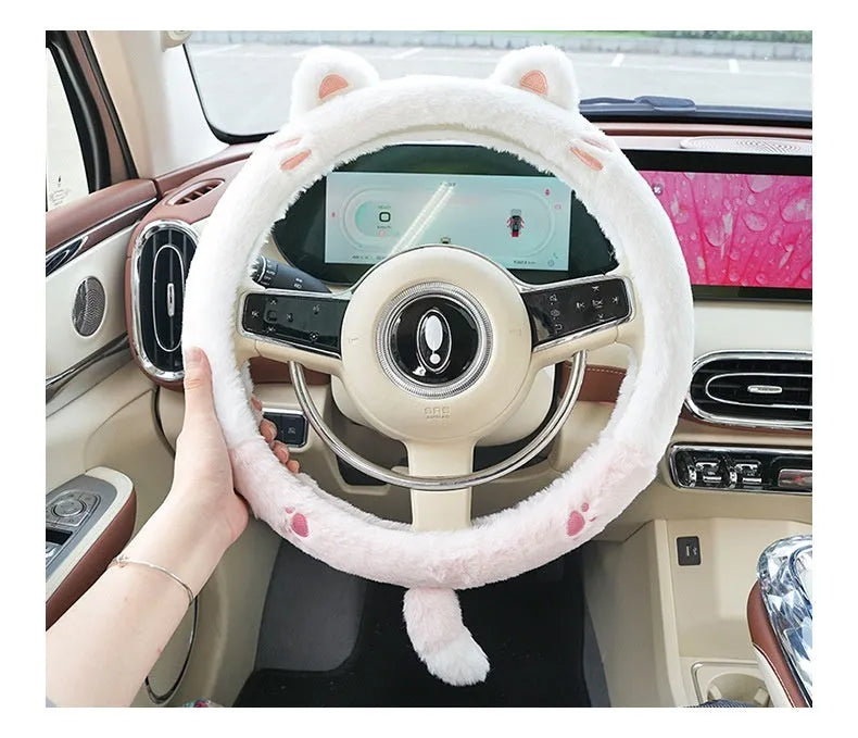 Plush steering wheel cover with cartoon embroidery for 38cm diameter wheels