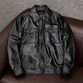 Men's black retro Kaji style lapel-collar PU leather jacket with side pockets, shown on a model.