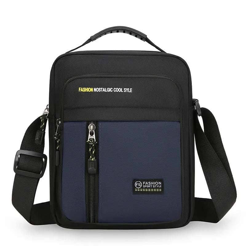 Men's nylon crossbody messenger bag in green showing shoulder strap and sewing thread detailing