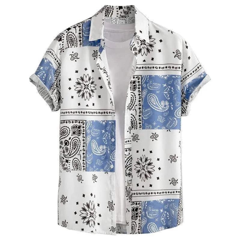 Men's slim fit short sleeve digital print shirt in polyester, front view, available in multiple colours