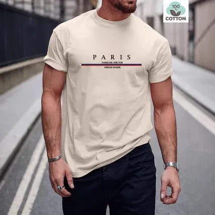 Men's loose fit pure cotton t-shirt with a printed letter design on the chest, shown in apricot colour.